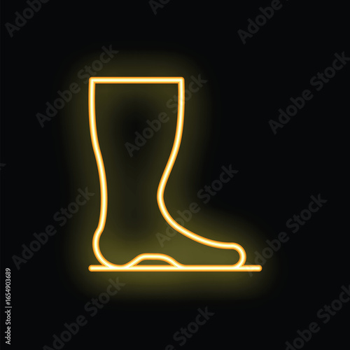 Bright yellow neon icon of a human foot glowing on a black background