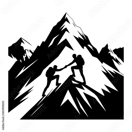 Climbers helping each other ascend a jagged mountain peak mountain climbing teamwork
