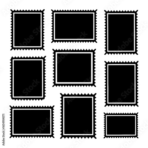 Collection of black postage stamps with white borders and perforated edges vector