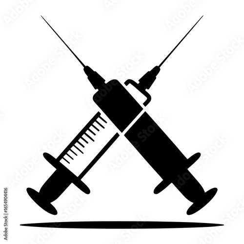 Crossed black medical syringes with needles and measurement markings crossed syringes