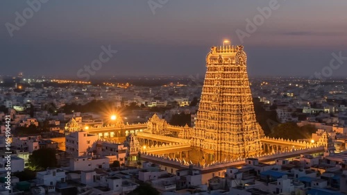 Magnificent Meenakshi Temple at Dusk in Madurai India Featuring Ornate Architecture Lit Up against a Dark Sky Surrounded by Urban Buildings