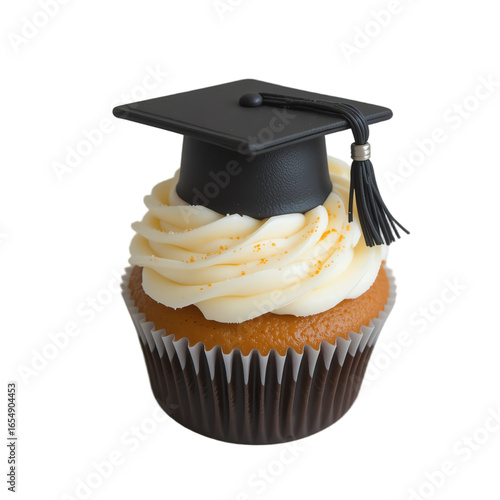 Graduation cupcake, topped with creamy frosting and a graduation cap, isolated on white background.