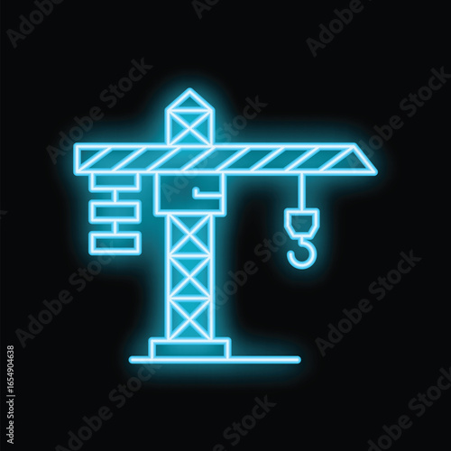 Bright blue neon sign depicting a construction crane, symbolizing industrial power and urban development