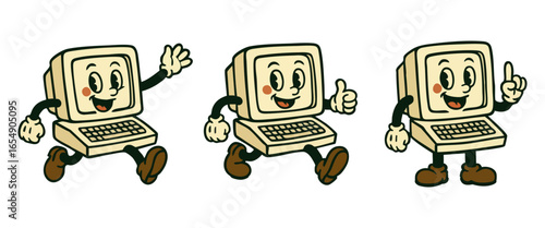 vintage computer cartoon characters in different poses smiling.