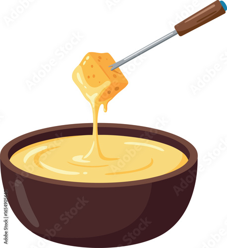 Delicious cheese fondue in a dark bowl with a fork dipping a cube of bread into the creamy melted cheese