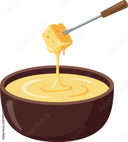 Delicious melted cheese fondue in a dark bowl with a fork dipping a piece of bread into the gooey cheese