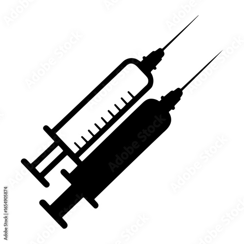Two black syringes with sharp needles angled diagonally medical injection