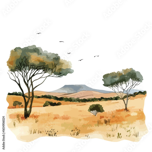 Watercolor Landscape Depicting African Savanna with Trees and Birds
