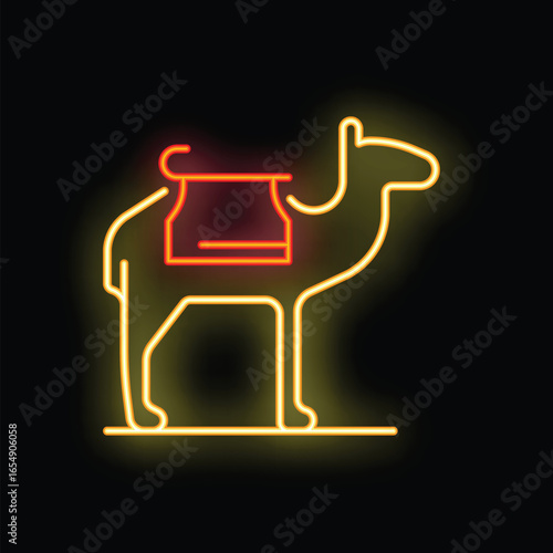 Neon sign of a camel with a traditional saddlebag, evoking oriental travel