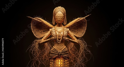 Intricate Golden Assemblage Figure with Abstract Wings and Faceless Head