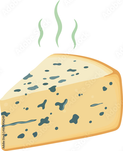 A wedge of pungent blue cheese with visible mold and steaming aroma lines indicating its strong scent