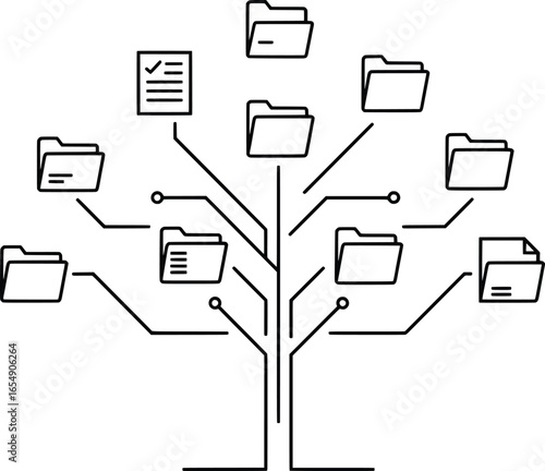 Organizing Digital Files, Subject: File Tree Structure, Location: Virtual Workspace, Content Type: Vector Graphic, Environment: Minimalist Design, Viewpoint: Top-Down, Concept: Vector Art