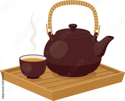 Traditional japanese tea ceremony with a dark brown teapot and cup on a bamboo tray with steam rising