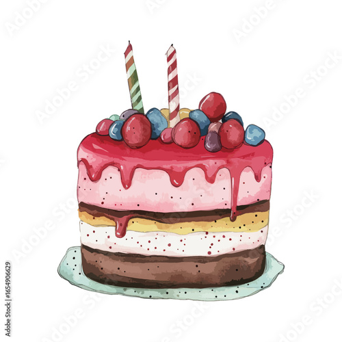 Watercolor layered cake with dripping pink glaze berries and striped candles