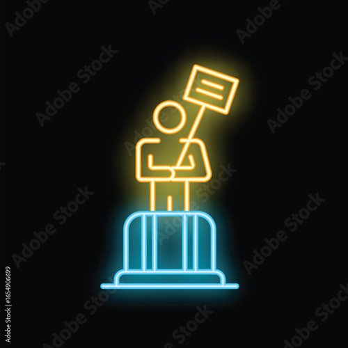 Neon style icon of activist protesting with blank banner on podium