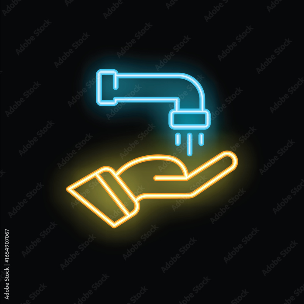 Neon glowing icon of hand washing with water from tap for hygiene and handwashing concepts Neon glowing icon of hand washing with water from tap for hygiene and handwashing concepts