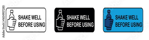 Shake well before using vector label sign. Shake bottle instruction sticker vector set.