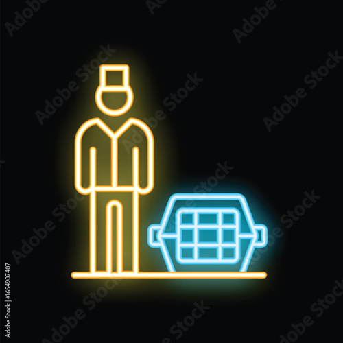 Neon icon of hotel employee standing with luggage cart on black background