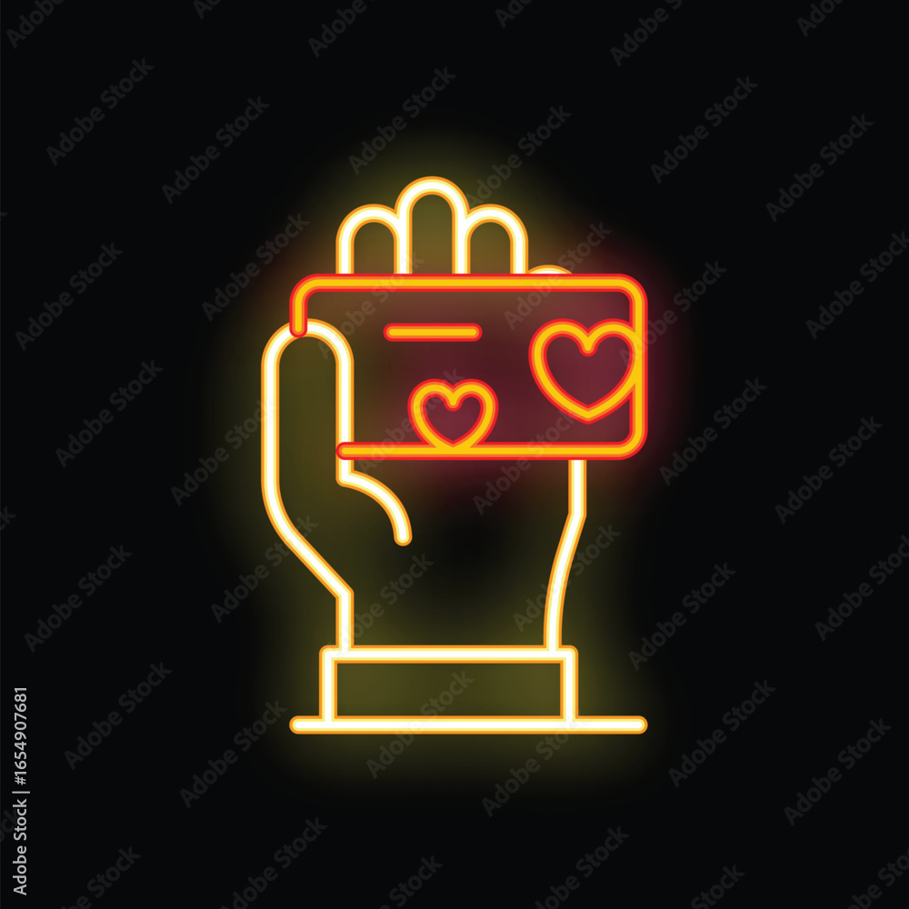 Naklejka premium Neon sign of a hand holding a love letter with hearts, perfect for valentine's day or romantic projects