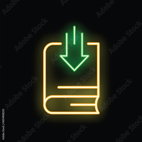 Glowing neon icon representing the concept of online education and digital book downloading