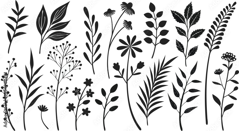Fototapeta premium Minimal feminine botanical floral branch in silhouette style. hand drawn sketch branches set. Minimalist black silhouette vector illustration of assorted botanical elements arranged in rows.