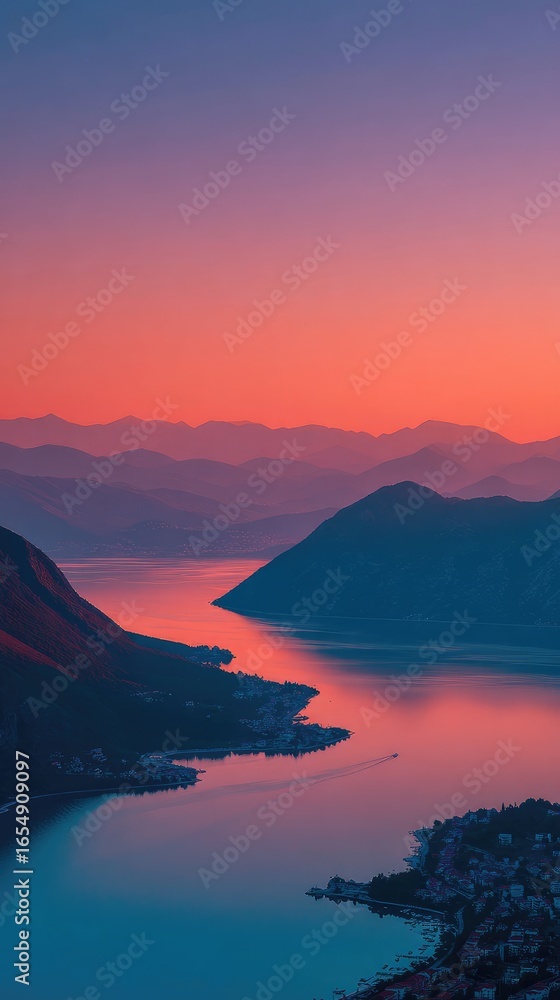 Naklejka premium Serene mountain range reflecting in a tranquil river at sunset. Blurry, vibrant colors