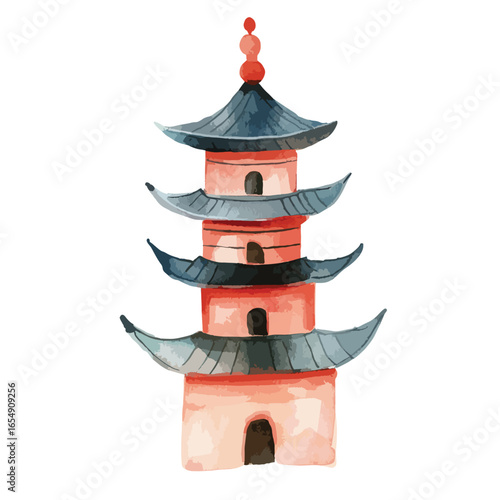 Watercolor Pagoda with Four Tiers and GrayBlue Eaves Topped with Red Ornament