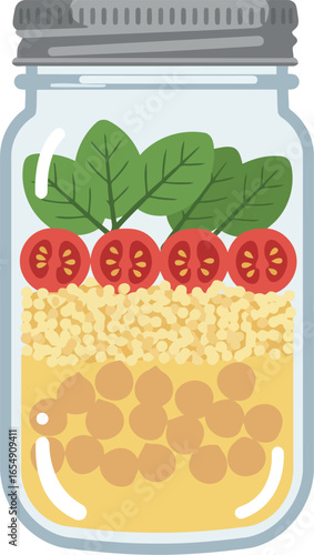 Healthy layered salad in a mason jar with pasta chickpeas tomatoes and spinach for a portable meal