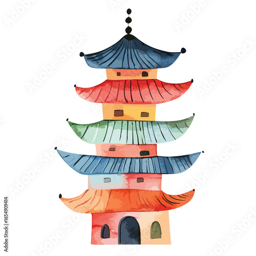 Watercolor Pagoda with Six Tiers and Varied Roof Colors Topped with Finial