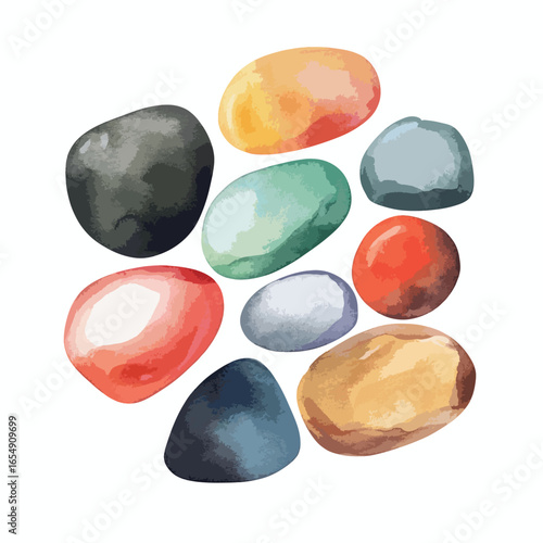Watercolor Painted Pebbles in Various Colors Arranged in a Grouping