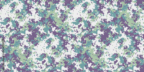 Abstract digital camouflage pattern in muted pastel shades of purple, teal, and green.  Perfect for fashion, textile design, or as a trendy background.