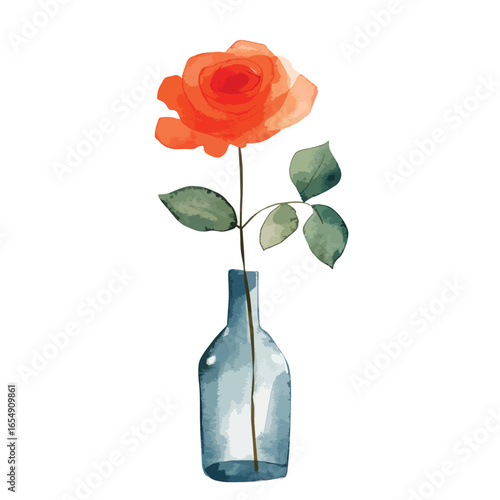 Watercolor painting of a vibrant orange rose in a blue glass vase