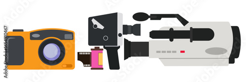 Retro vintage electronic devices collection with cassette tapes cameras phones and computers