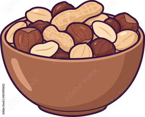 A simple illustration of a brown bowl filled with a variety of mixed nuts including peanuts and hazelnuts