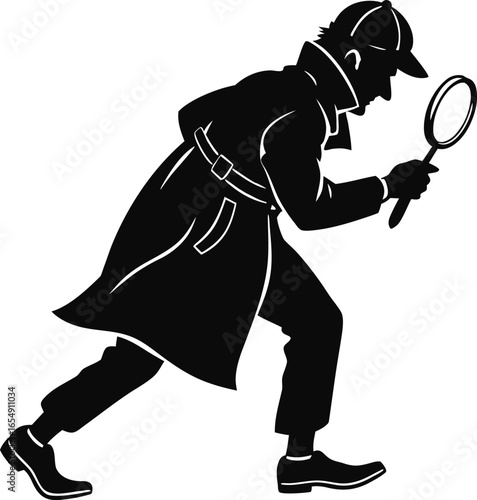 Silhouette Detective with Magnifying Glass Vector Illustration for Mystery, Investigation, Crime, and Detective-Themed Designs