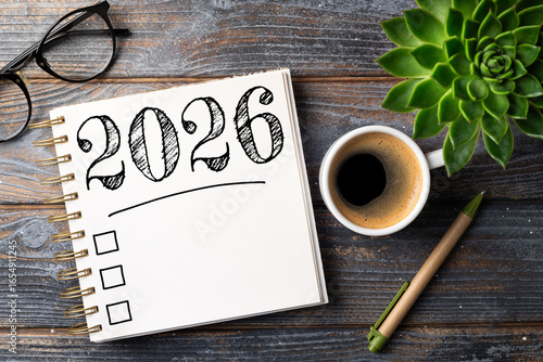 New year resolutions 2026 on desk. 2026 resolutions list with notebook, coffee cup on table. Goals, resolutions, plan, action, checklist concept. New Year 2026 template, copy space