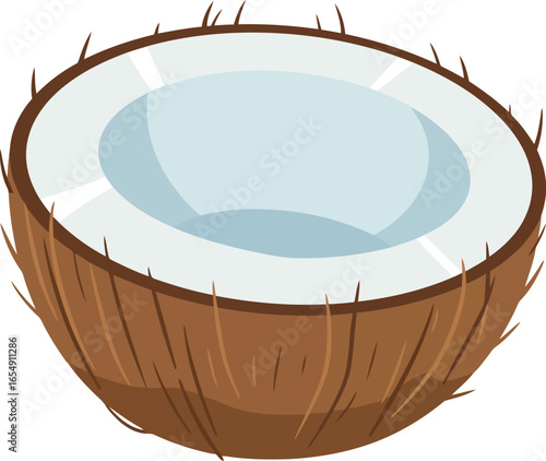 A fresh ripe coconut is cut in half revealing its white flesh and fibrous brown husk against a clean white background