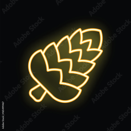 Yellow neon sign depicting a single hop cone glowing on a black background