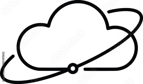 Vector Line Art Design of a Cloud with Orbiting Planet, Minimalistic Style, Abstract Concept, Graphic Illustration, Clean Background, Artistic Viewpoint