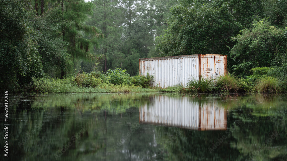 Fototapeta premium Serene scene featuring a weathered container nestled amongst lush greenery along a tranquil body of water, offering reflection, texture, and quiet contrast.