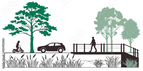park scene person sitting bench car trees fence relaxation outdoor lifestyle isolated on white background.