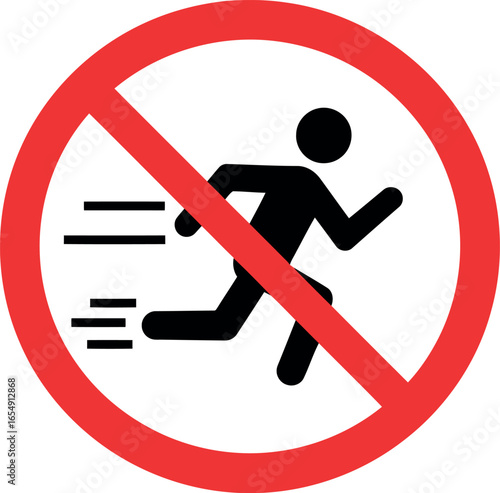 Red circular prohibition sign with a black silhouette of a running person with motion lines indicating no running allowed