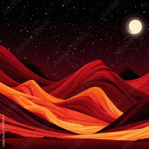 Graphic illustration of red and orange desert mountains under a starry night sky with a bright full moon, artistic landscape