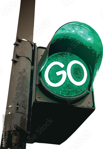 Bright green traffic light illuminated with the word “GO” on a deep black background