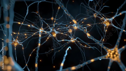 Abstract representation of neuron connectivity with glowing synapses on a dark background