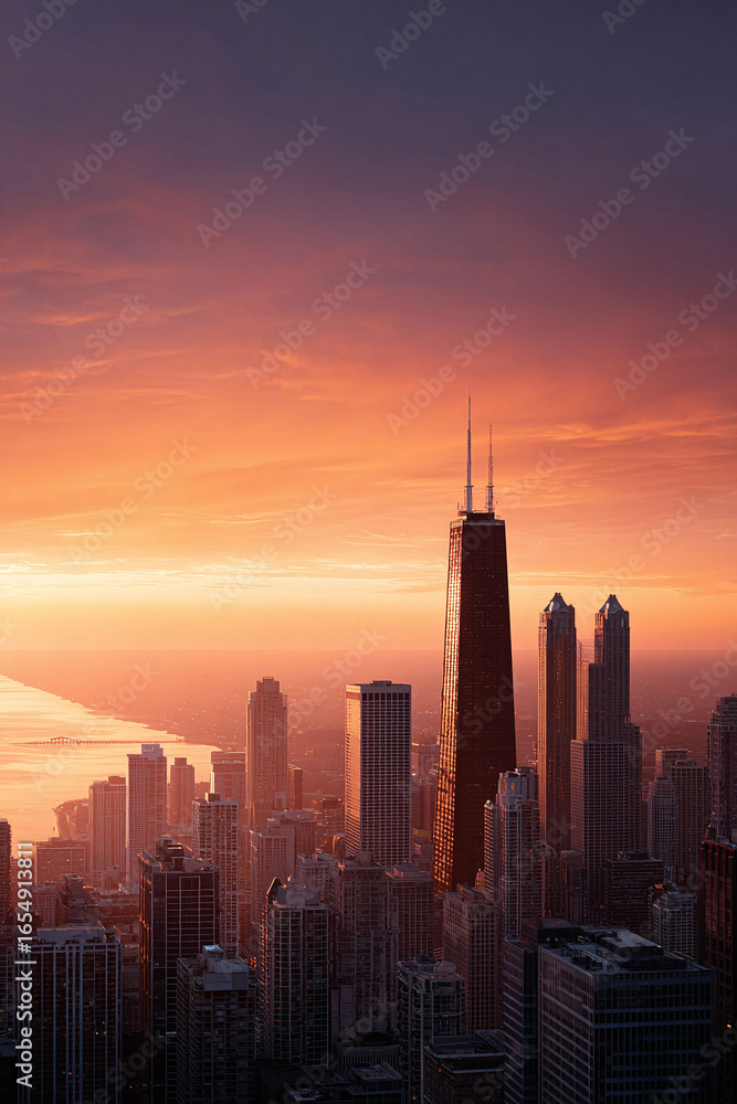 Naklejka premium Urban sunrise over a dense city skyline. The vibrant orange sky illuminates modern architecture, conveying ambition, and success. Ideal for travel, business, or cityscape themes.