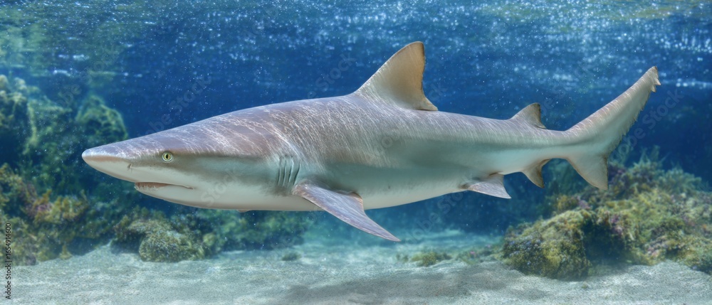 Naklejka premium Shark Swimming Underwater Close Up View in Blue Ocean Water Near Coral Reefs and Sandy Seabed Marine Life