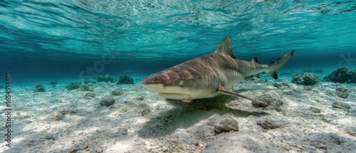 Fototapeta Naklejka Na Ścianę i Meble -  Lemon Shark Swimming Underwater Close To The Sandy Ocean Floor Eye Level View In Turquoise Water Of Tropical Location