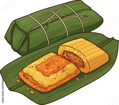Traditional tamales wrapped in green banana leaves one opened to reveal the savory filling a delicious latin american cuisine illustration