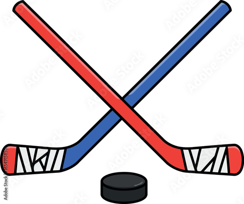 Two crossed hockey sticks with a puck in the center representing the sport of ice hockey and athletic competition
